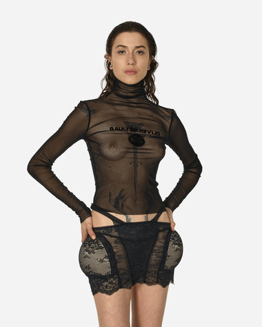 Jean Paul Gaultier Wmns Mesh Turtle Neck Flocked Earth Black T-Shirts Longsleeve TO187I-T001 0000