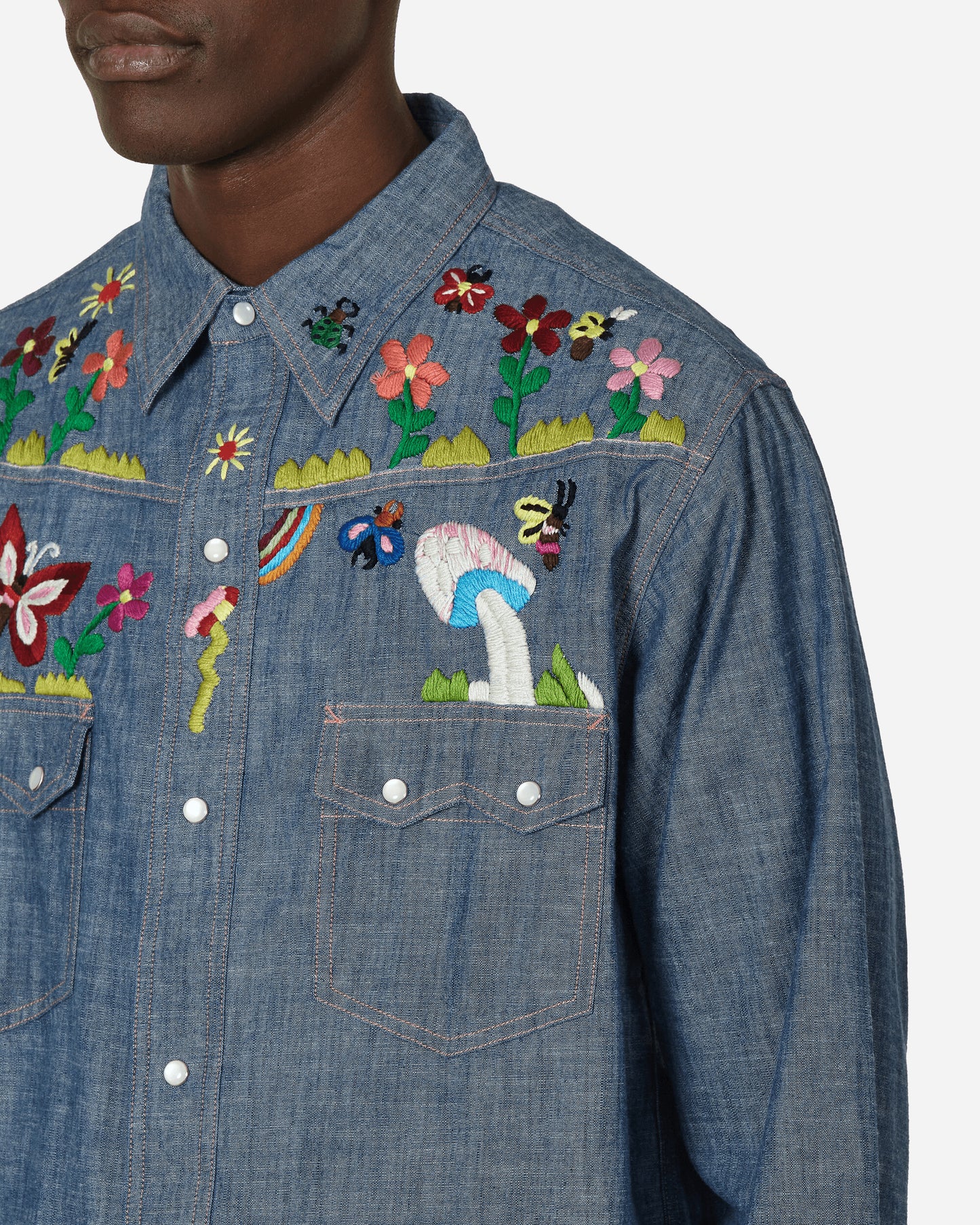 Needles Western Shirt - Cotton Chambray / India Emb. Blue Shirts Longsleeve Shirt OT213 BLUE