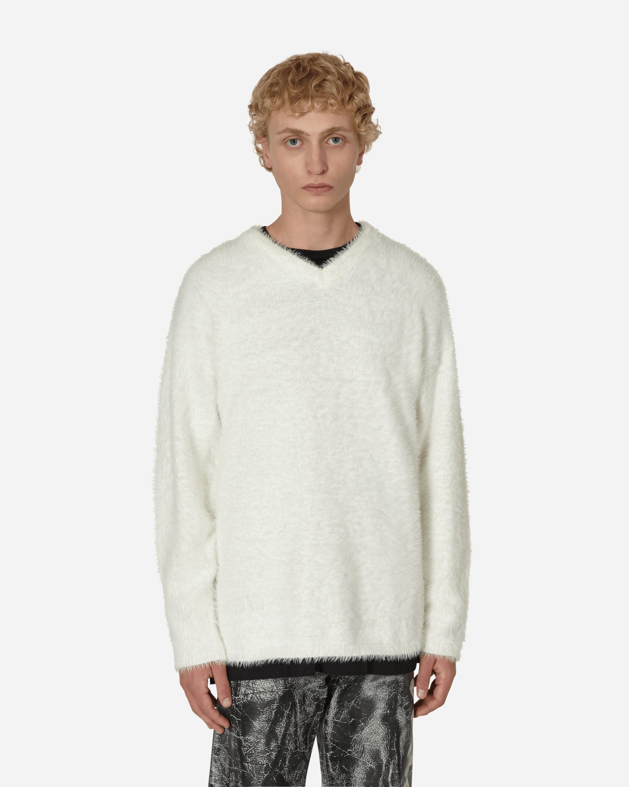 ERL Vneck Hairy Sweater White Knitwears Sweaters ERL05N010 1
